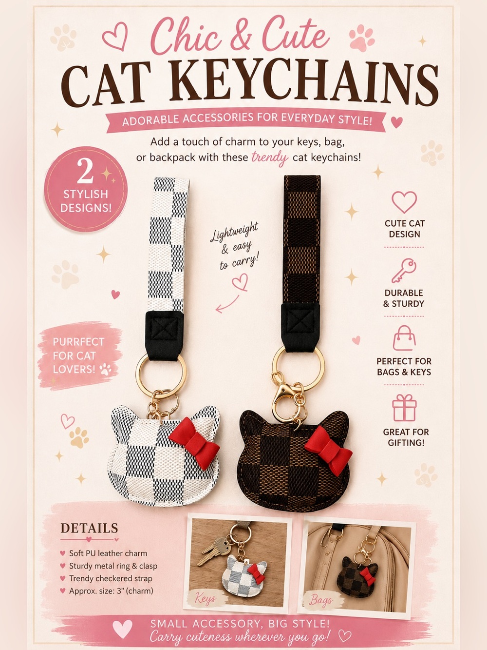 Cat Keychain - Checkered Cat Charm with Red Bow (White or Brown)